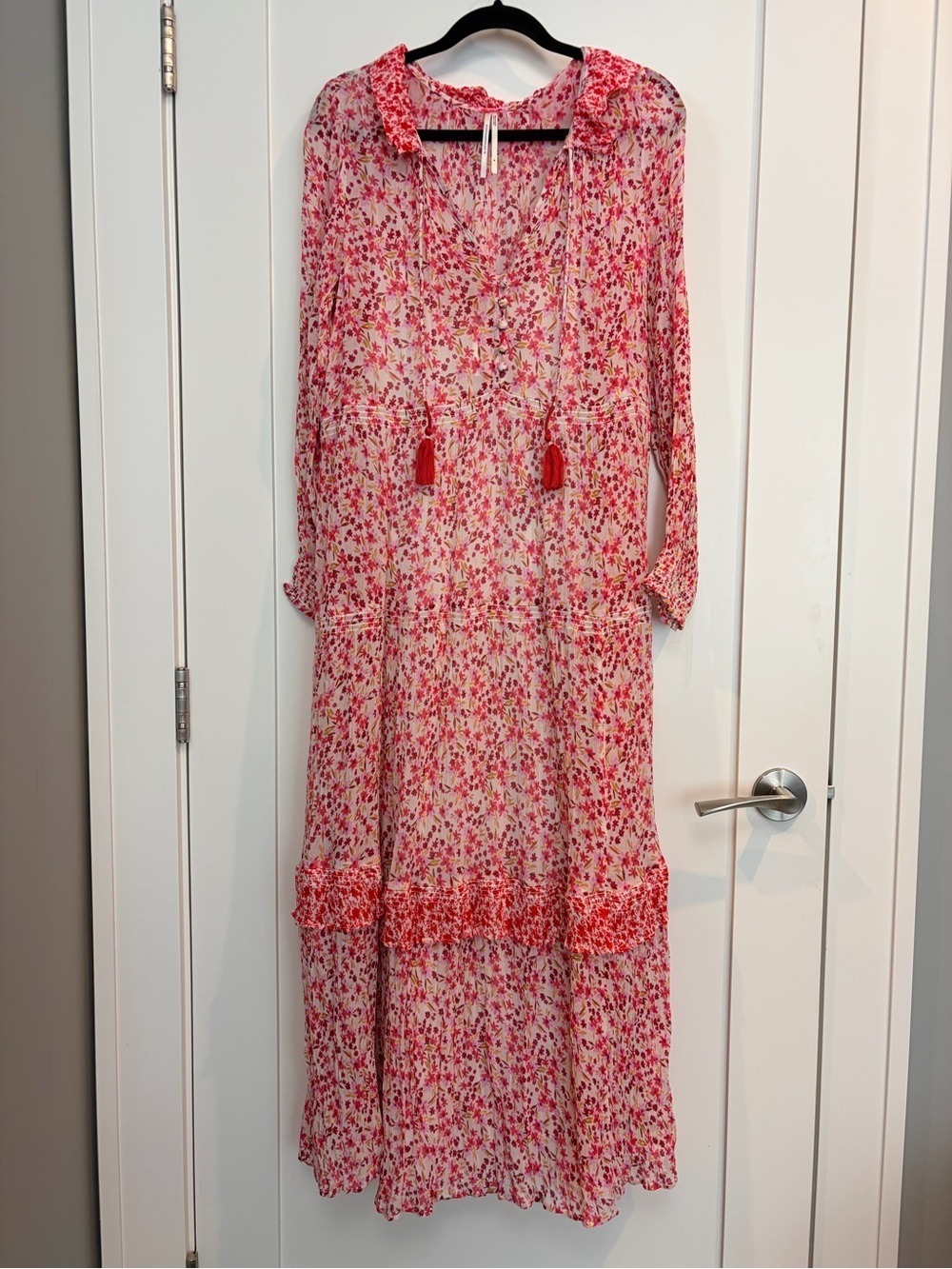 Anthropologie Floral Tiered Maxi Dress Pink Boho Cottagecore Tassel Tie Medium - Picture 2 of 13